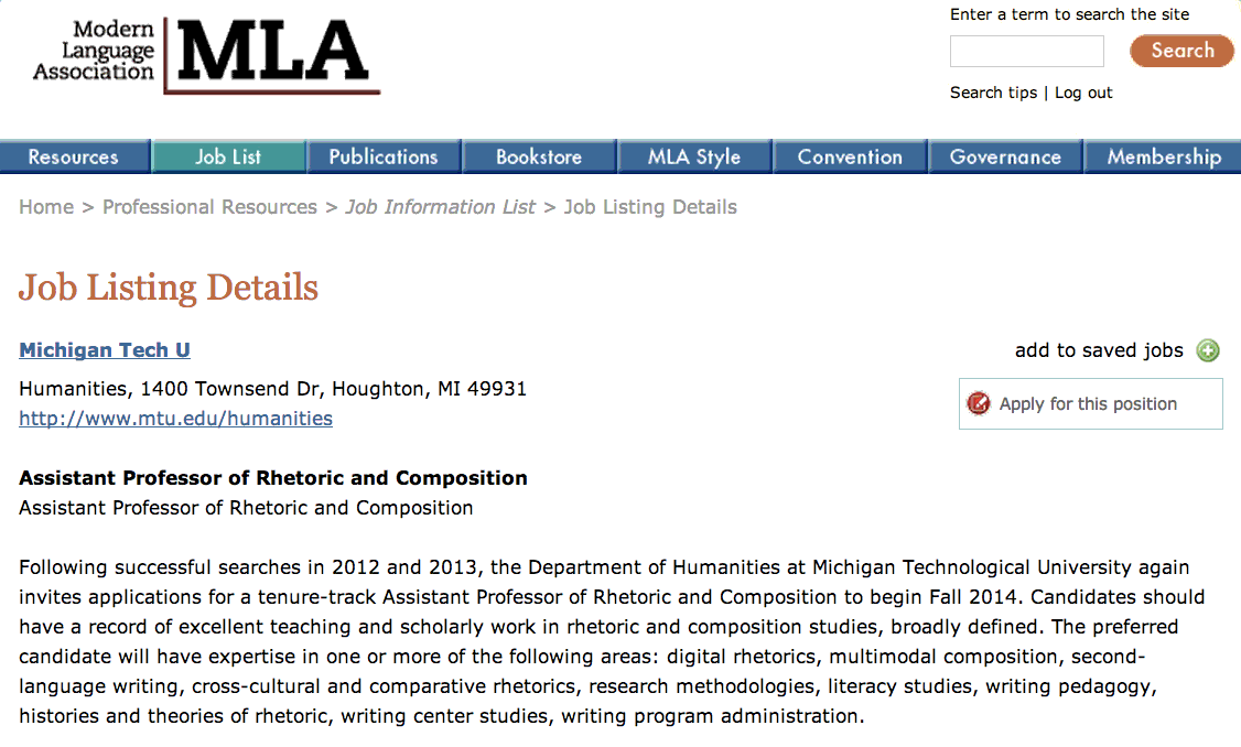 Screenshot of an MLA job listing for a Rhetoric and Composition job at Michigan Tech