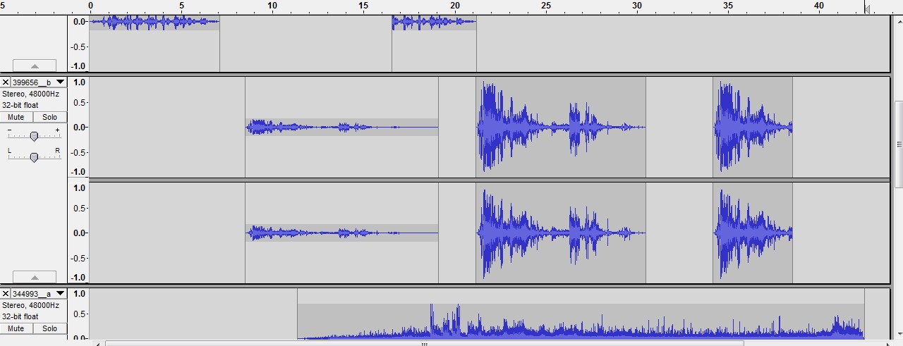 A screen capture shows two stereo tracks and two other partial tracks within the sound-editing software Audacity.