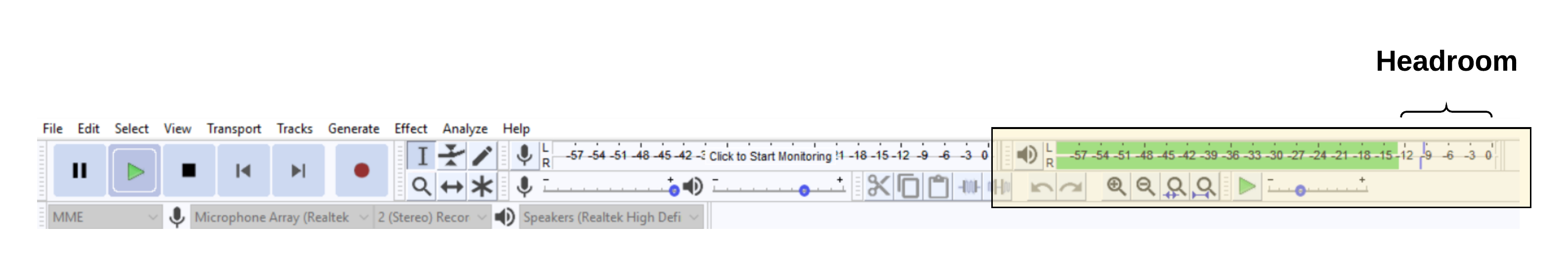 Audacity's Playback Meter Toolbar representing the amplitude of the all sounds and the remaining headroom