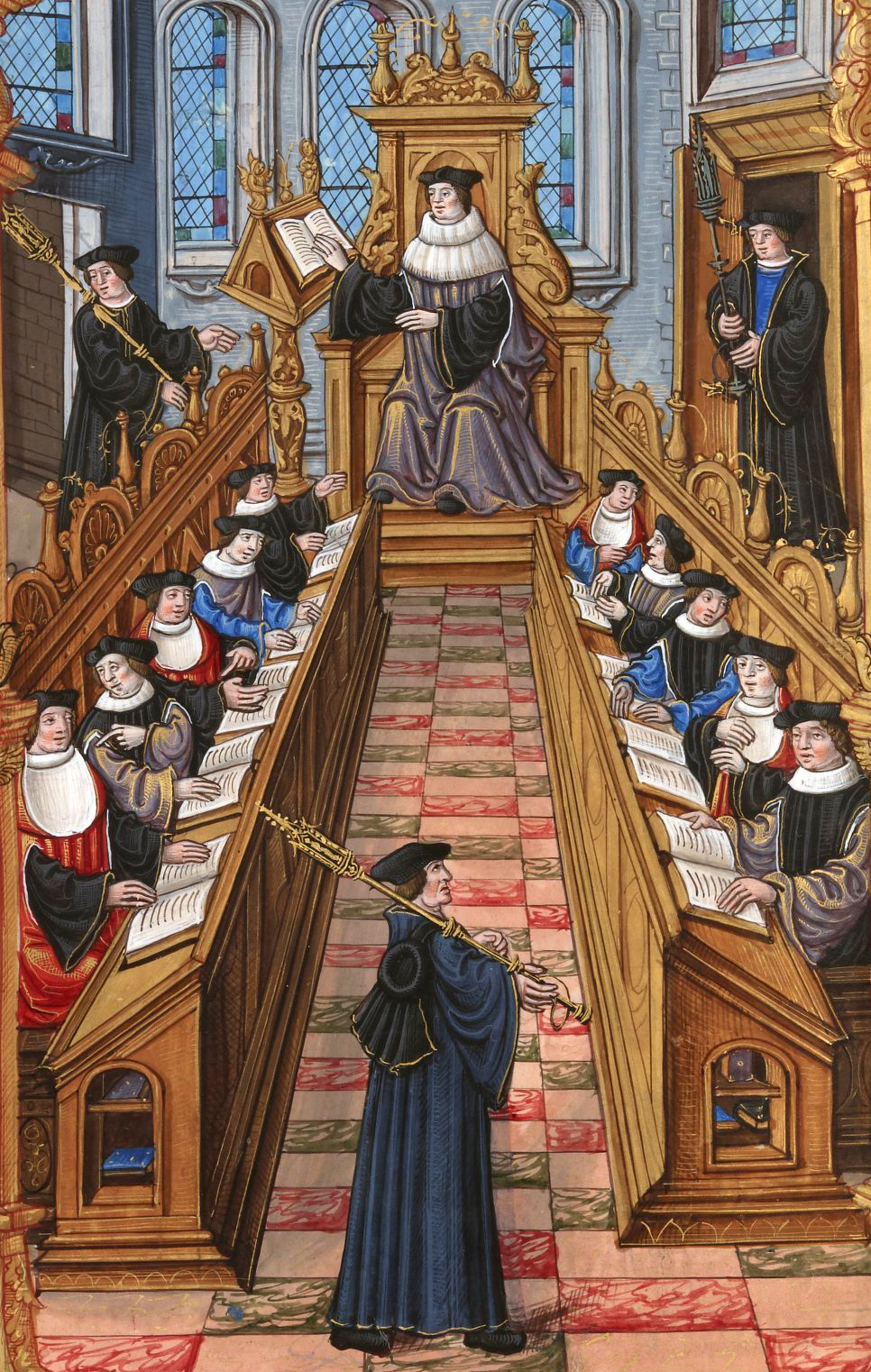 A painting of scholars meeting at the University of Paris. One scholar sits at the center of the room with a hand on a book. Two others stand in the background. Five scholars sit at a long, ornate desk on the left side, five on the right. Books are in front of them. One more stands in the foreground.